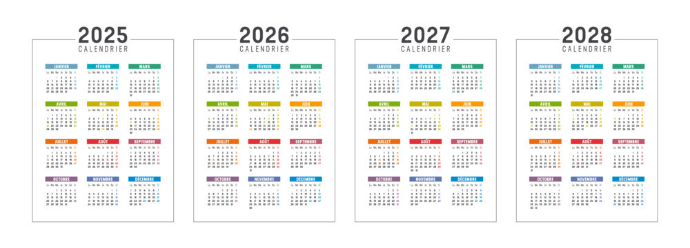 Colorful French calendar set, year 2025 2026 2027 2028 France planner, white background