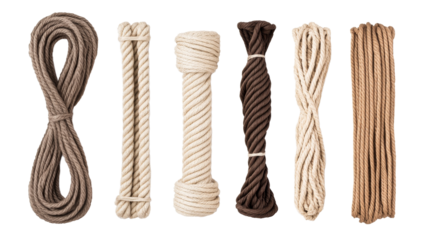 Variety of rope bundles isolated against black background, cut out transparent