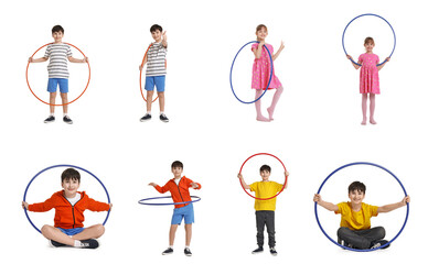 Cute children with hula hoops on white background, collage. Sports equipment