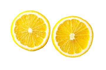 Two vibrant lemon slices, top-down view, showcasing juicy segments, cut out transparent