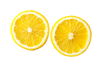 Two vibrant lemon slices, top-down view, showcasing juicy segments, cut out transparent