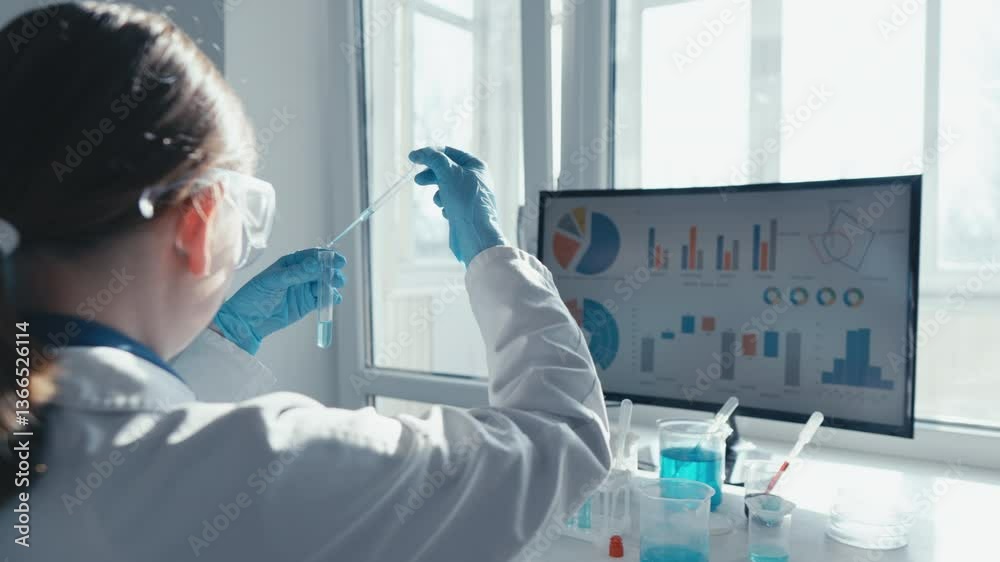 Poster In a bright lab, a scientist in a white coat and gloves conducts experiments with a pipette while analyzing data on a nearby computer, contributing significantly to health and science research