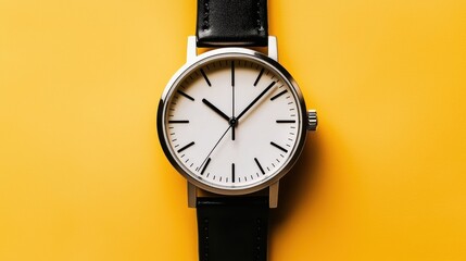 Elegant watch display on bright yellow background lifestyle photography minimalist design close-up view