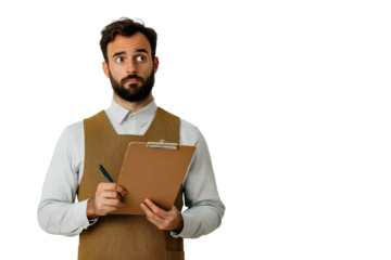 Pensive man with clipboard looks upward, cut out transparent