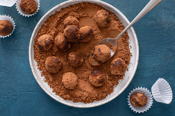 Dark chocolate ganache truffles tossed with cocoa