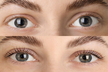 Woman showing her eyelashes before and after lamination procedure, closeup. Collage of photos
