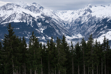 Cloudy January alpine landscape with mountains, trees, Austria.
