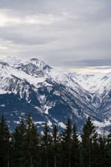 Cloudy January alpine landscape with mountains, trees, Austria.