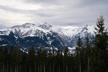 Cloudy January alpine landscape with mountains, trees, Austria.