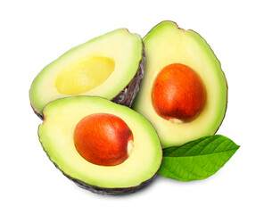 Halves of fresh avocados and green leaf on white background