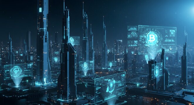 Futuristic Cityscape Cryptocurrency Technology Blockchain Neon Lights