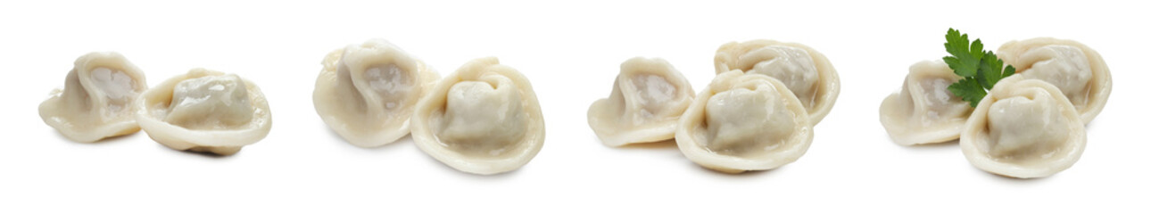 Tasty boiled dumplings (pelmeni) with fresh parsley on white background, set