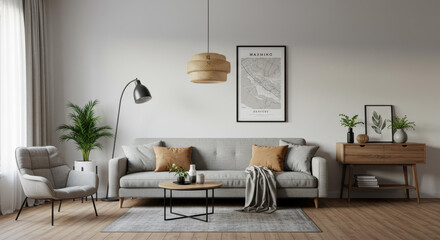 Stylish living room features a gray sofa with accent pillows, a wooden coffee table, indoor plants, and decorative art. Natural light enhances the warm, inviting space perfect for relaxation