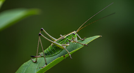 Vibrant green tree cricket perched elegantly on a verdant leaf in nature