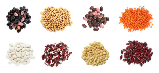 Different types of legumes isolated on white, set. Top view