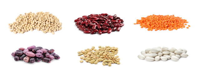 Different types of legumes isolated on white, set
