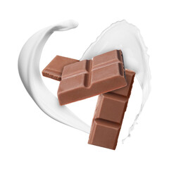Yummy chocolate pieces and splashes of milk in air on white background