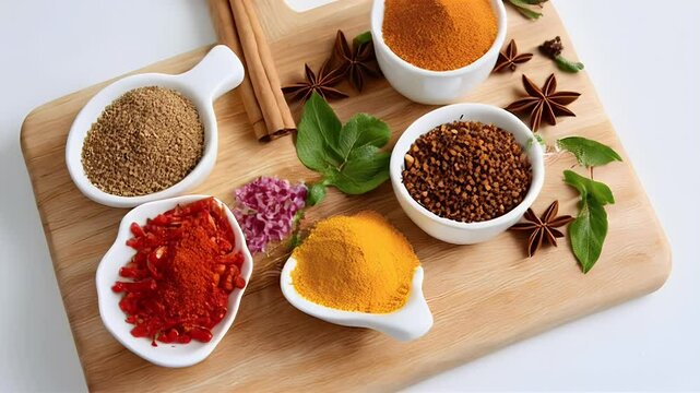 Vibrant Overhead View of Assorted Spices on Wooden Board for Food Advertising and Culinary Content