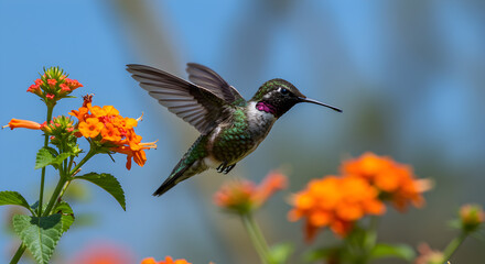 Fototapeta premium Xantus hummingbird gracefully flying amidst vibrant Baja California flowers