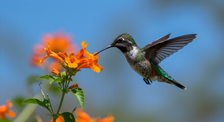Fototapeta premium Xantus hummingbird gracefully sips nectar from vibrant Baja California flowers on blue day
