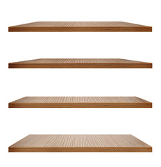 Empty wooden shelves isolated on white, set