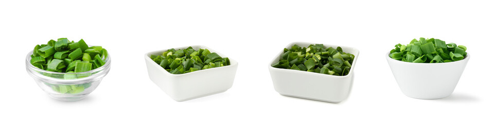Fresh chopped green onion in bowls on white background, set