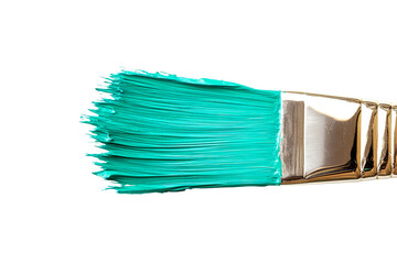 Paintbrush loaded with vibrant turquoise pigment for artistic creations, cut out transparent