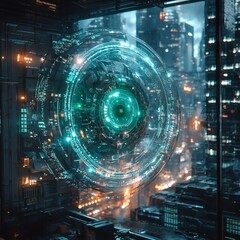 Obraz premium Futuristic city through a digital circular portal, digital world concept