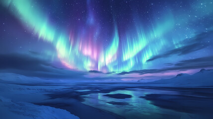 Fototapeta premium Majestic aurora borealis lighting up a starry night sky vibrant colors dancing across the horizon casting a magical glow over a tranquil snowy landscape. Ethereal Glow. Illustration