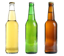 Different types of fresh beer in glass bottles isolated on white, set