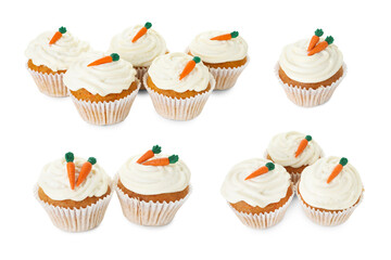Yummy carrot cupcakes isolated on white, set