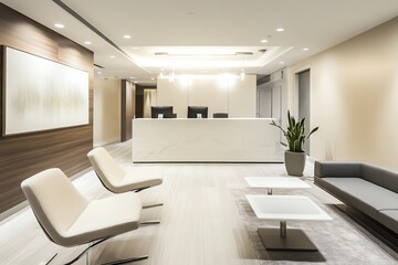 Fototapeta premium Modern Office Reception Area with Minimalist Design and Comfortable Waiting Room