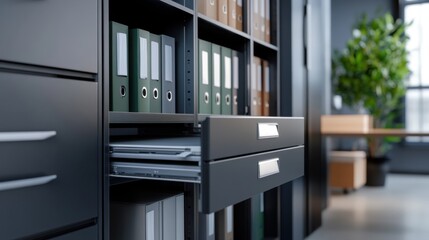 Modern Office Storage with Open Drawer and Organized Files in Contemporary Workspace Setting