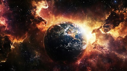 This captivating image of Earth shows the planet enveloped by a stunning cosmic backdrop, illustrating the beauty and majesty of the universe around us.