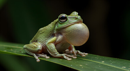 Fototapeta premium Green tree frog calling with vocal sac inflated perched on a leaf, macro
