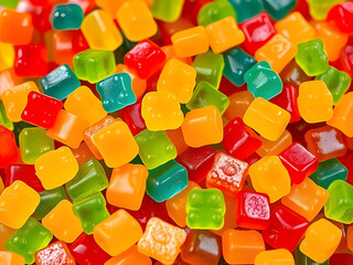 Colorful Gummy Candies Assortment of Sweet, Chewy Treats in Various Colors, Flavors and Textures for Dessert.