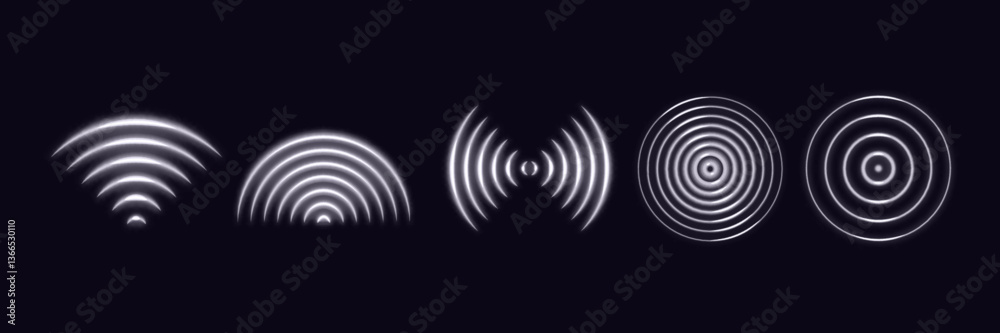 Poster Sound Wave Light Effect. Wifi Sensor Signal. Neon Glow Radio Radar on Dark Background. Vector Abstract Digital Technology Icons