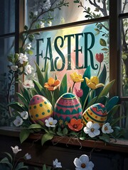 Obraz premium Easter Celebration with Colorful Easter Eggs Blooming Spring Flowers and a Cheerful Bunny in a Festive Cartoon Illustration Symbolizing Easter Holiday Traditions and the Joyful Spirit of Springtime