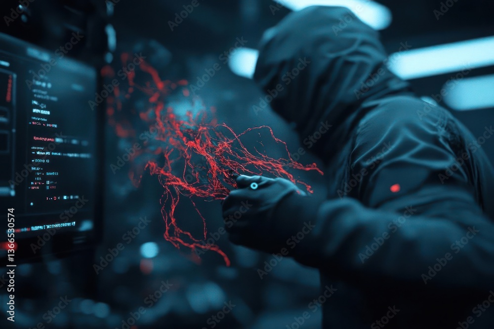Poster Hooded Figure Manipulating Red Data Streams In Dark Tech Environment