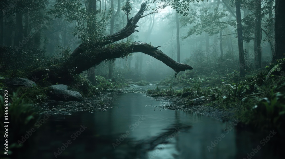 Fototapete misty forest scene featuring stream and fallen tree with dense green foliage under soft atmospheric 