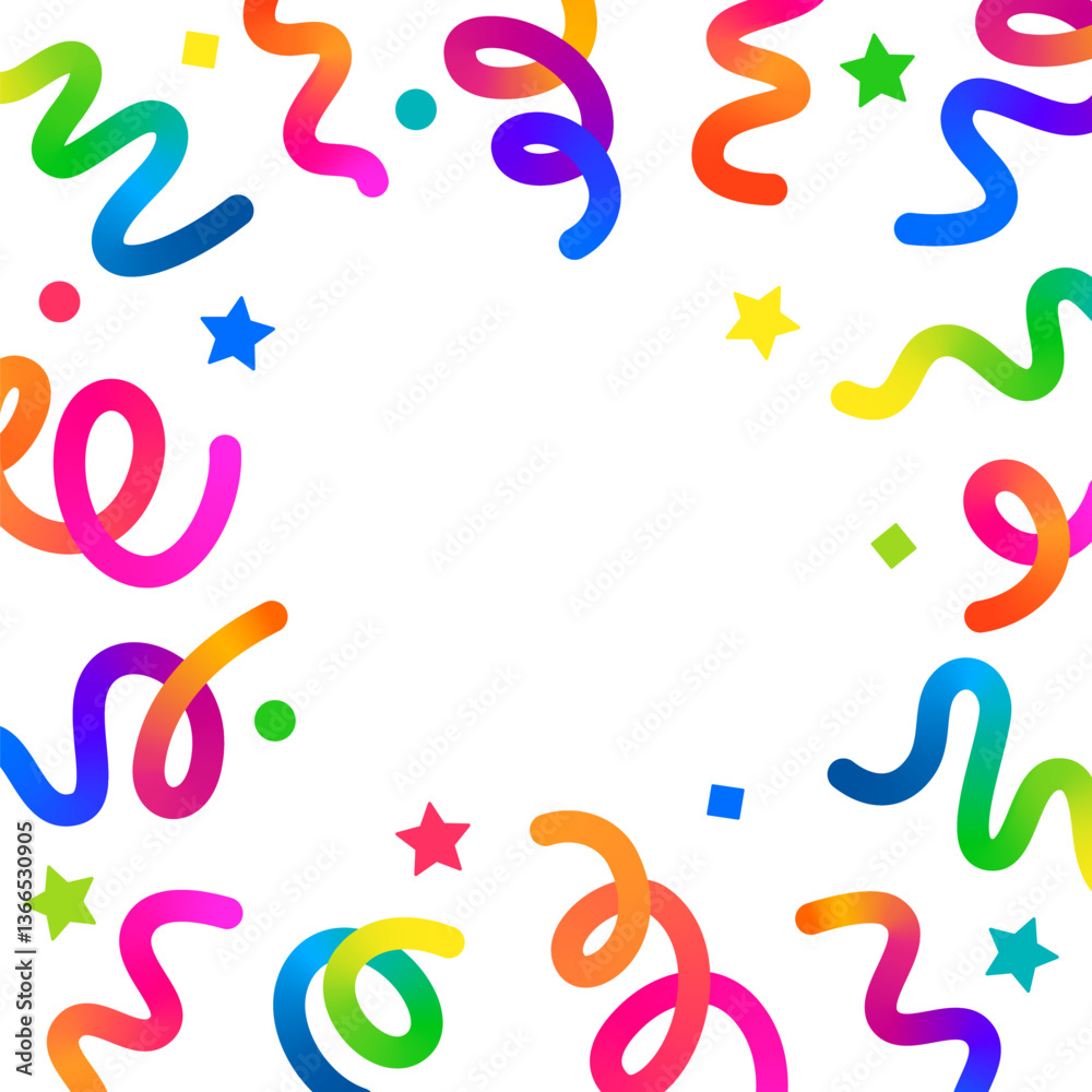 Poster vector birthday confetti: party frame with gradient ribbons and stars on a white background. an abst