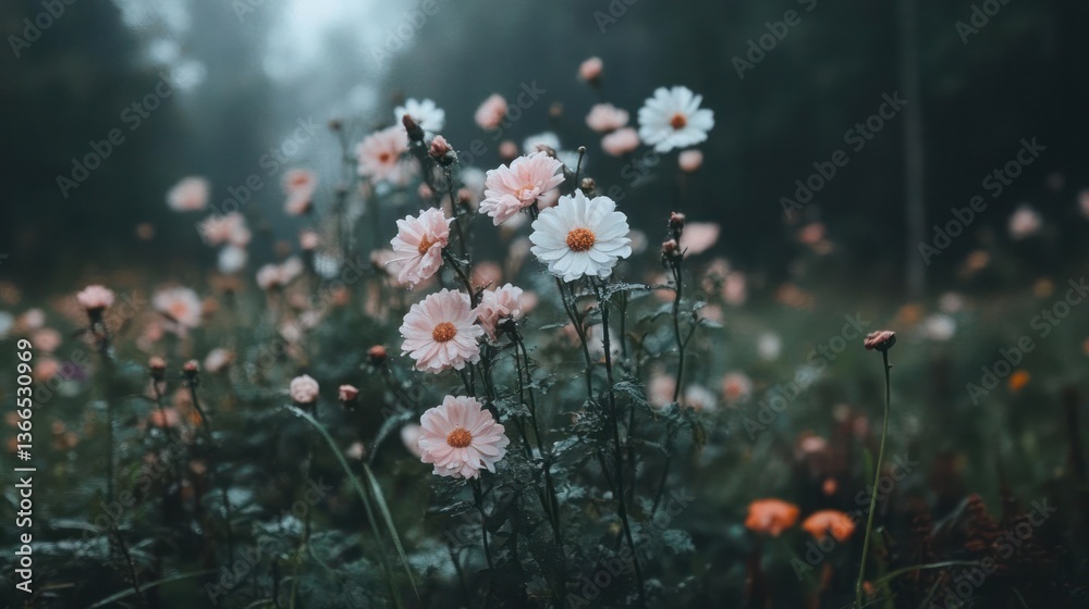 Poster close up view of delicate pink and white cosmos flowers in a foggy field background