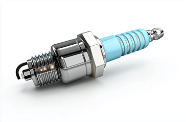 Spark plug is shown in a close up. The spark plug is blue and silver. The spark plug is a part of a car engine