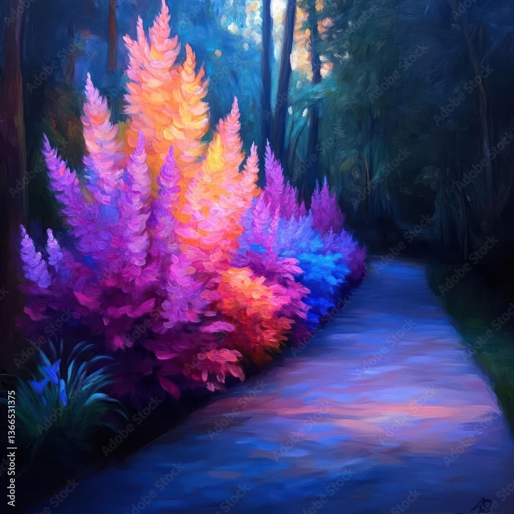 Poster colorful trees line pathway in forest with soft light
