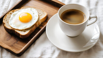 Appetizing breakfast image featuring a sunny side egg on toast served beside fresh coffee in a white cup, suitable for food blogs, healthy eating promotions, or culinary publications