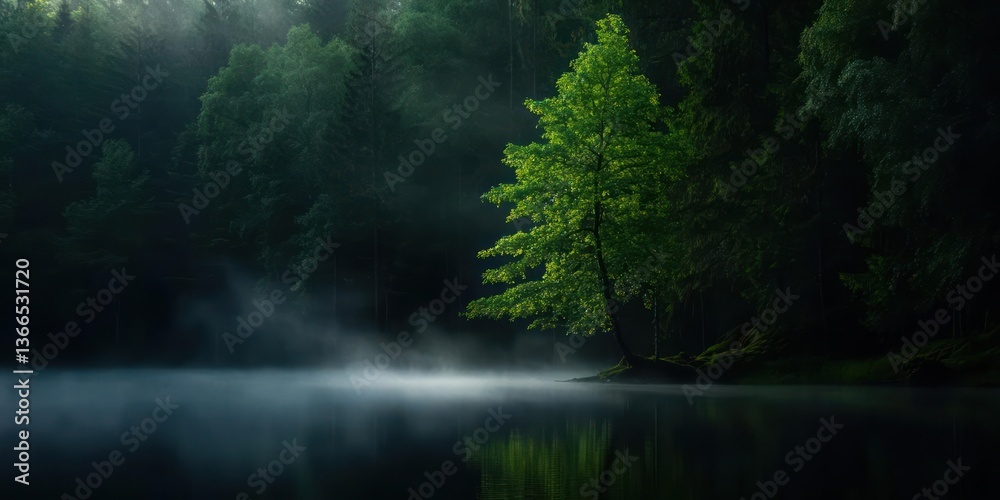 Poster misty lake reflecting lush green forest trees illuminated by soft sunlight creating tranquil serene 