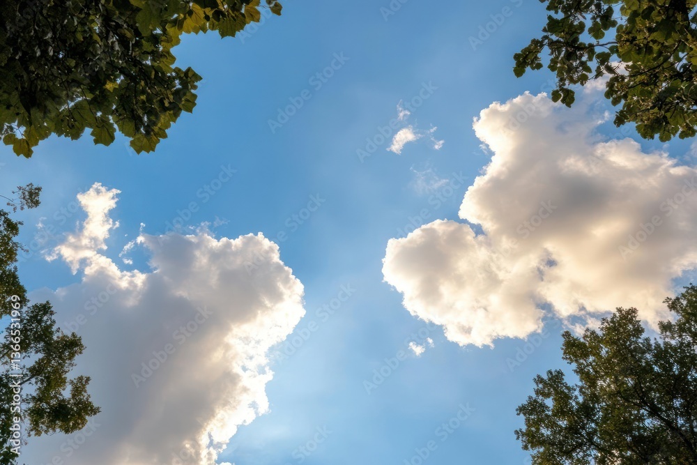 Aufkleber blue sky with white clouds framed by green tree foliage sunlight filters through leaves creating ser
