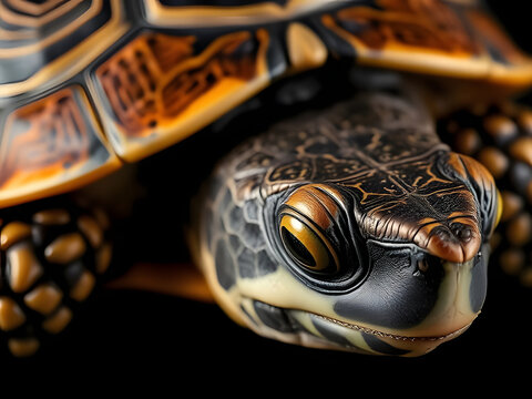 Close-up of a Turtle Detailed Shell, Eyes, and Head in Vibrant Color and Texture, Turtle Portrait.