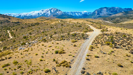 Aerial of Desert Road Leading to Snowy Mountains in Nevada