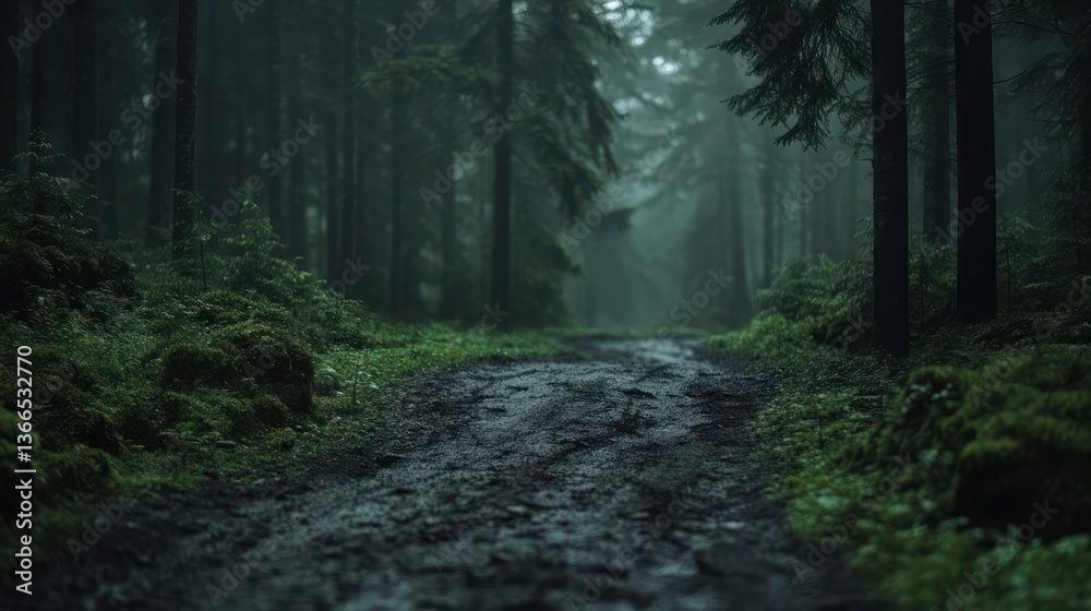 Aufkleber misty forest path wet with rain through dense green trees under atmospheric lighting